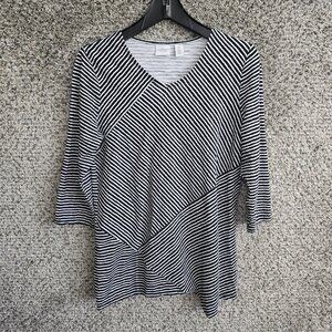 Chicos Weekends Top Womens 0 US Small Black Striped Tunic 3/4 Sleeve Casual